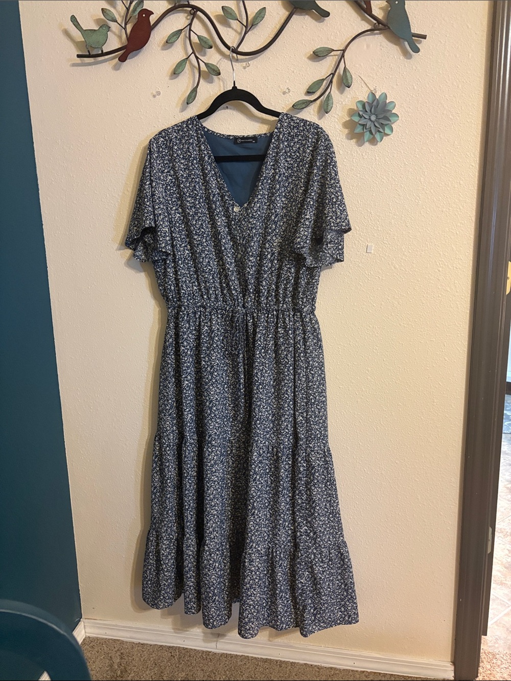 Blue Floral V-Neck Tiered Maxi Dress